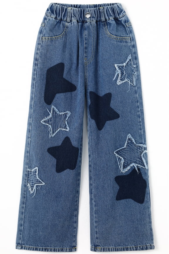 Girls Star Patchwork Jeans, Kids Distressed Wide Leg Denim Pants,Light Blue,8-9 Years