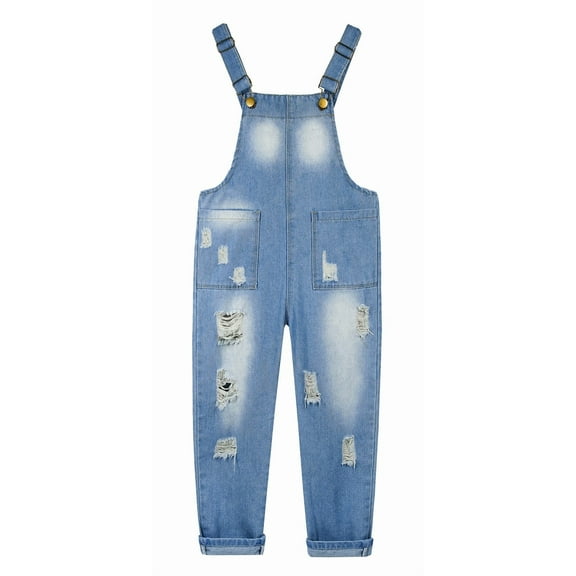 KIDSCOOL SPACE Girls Vertical Pocket Ripped Fashion Water Washed Processing Denim Overalls,10-11 Years