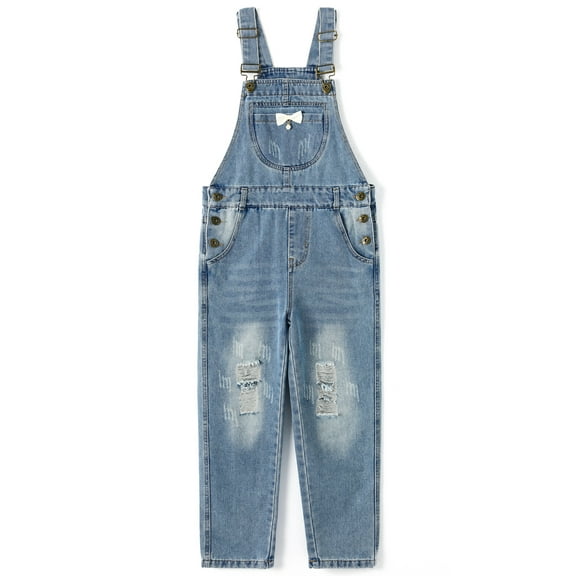 KIDSCOOL SPACE Girls Washed Distressed Denim Ripped Cotton Jean Overalls,4-5 Years
