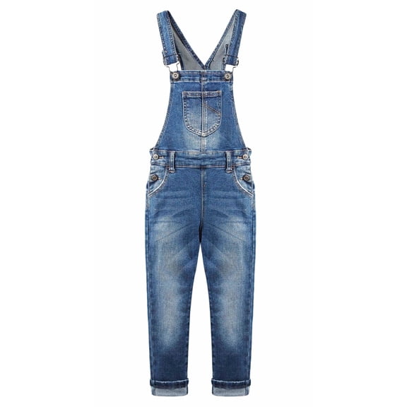 KIDSCOOL SPACE Girls Washed Distressed Denim Ripped Cotton Jean Overalls,Deep Blue,13-14 Years