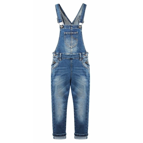 KIDSCOOL SPACE Girls Washed Distressed Denim Ripped Cotton Jean Overalls,Deep Blue,5-6 Years