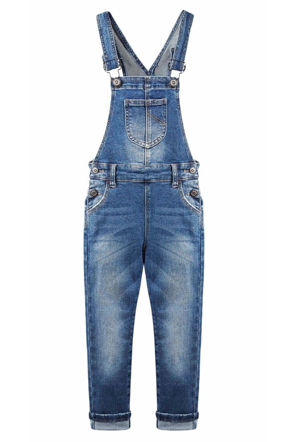 Girls Washed Distressed Denim Ripped Cotton Jean Overalls,Deep Blue,5-6 Years