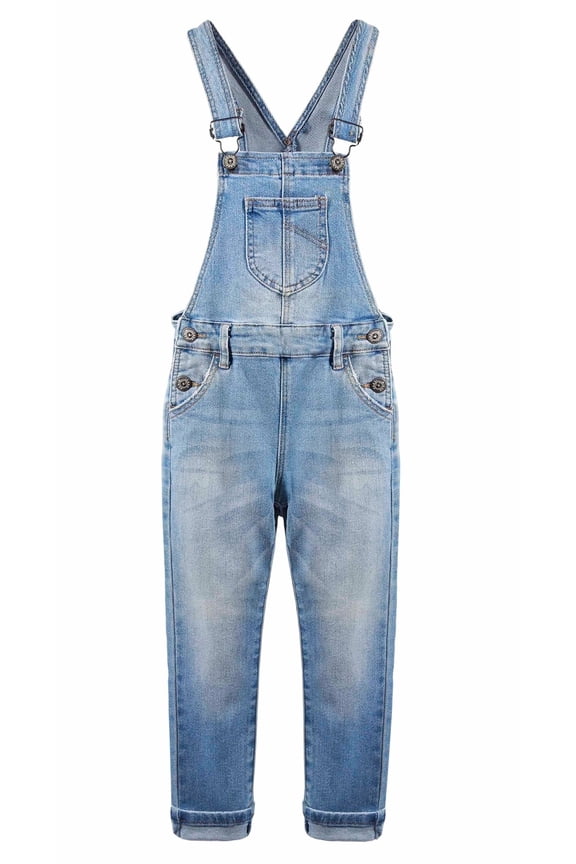 Girls Washed Distressed Denim Ripped Cotton Jean Overalls,Light Blue,11-12 Years