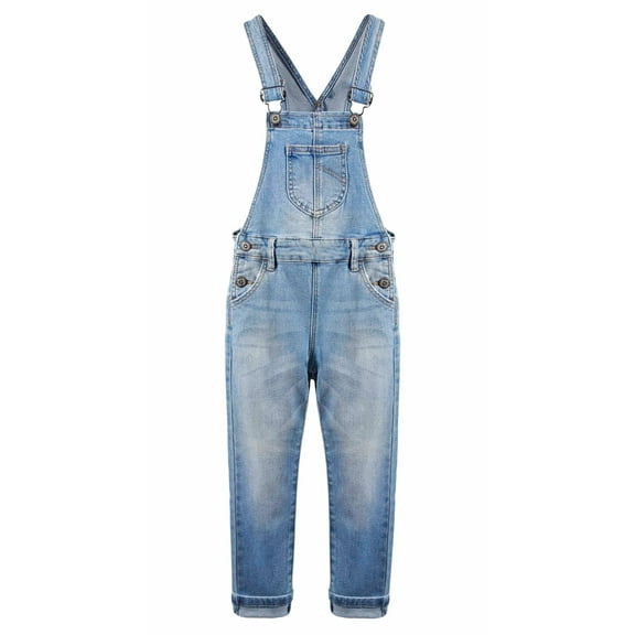 KIDSCOOL SPACE Girls Washed Distressed Denim Ripped Cotton Jean Overalls,Light Blue,13-14 Years