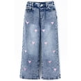thumbnail image 1 of KIDSCOOL SPACE Girls Wide Leg Jeans,Embroidery Pink Heart Elastic Waist with Ding,Light Blue,3-4 Years, 1 of 6