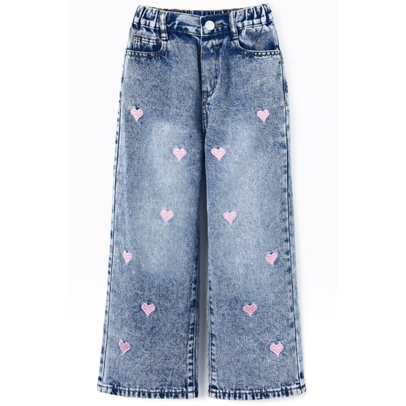 KIDSCOOL SPACE Girls Wide Leg Jeans,Embroidery Pink Heart Elastic Waist with Ding,Light Blue,3-4 Years