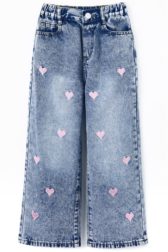 Girls Wide Leg Jeans,Embroidery Pink Heart Elastic Waist with Ding,Light Blue,7-8 Years