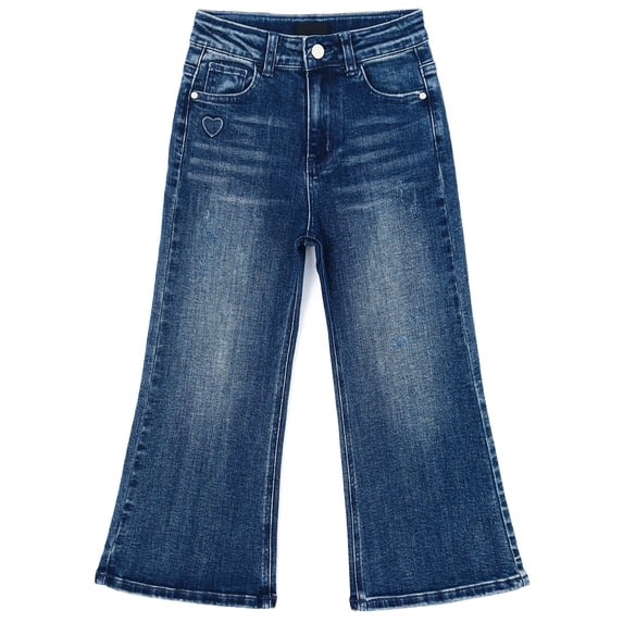 KIDSCOOL Girls Wide Leg Denim Pants 5-13T Ripped Heart Embroidered Jeans ,Mid Blue,7-8 Years