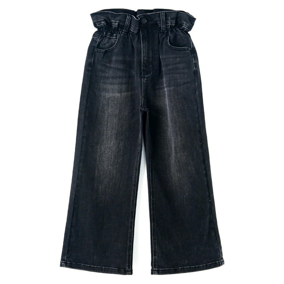 KIDSCOOL SPACE Girls Wide Leg Jeans, Ruffled Lotus Elastic Waist Denim Pants, Black,10-11 Years