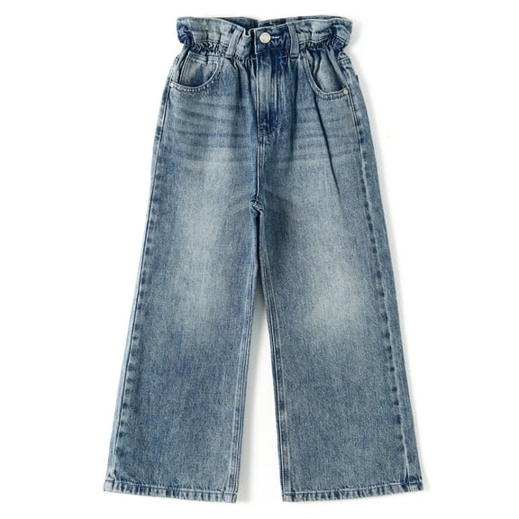 KIDSCOOL SPACE Girls Wide Leg Jeans, Ruffled Lotus Elastic Waist Denim Pants,Light Blue,10-11 Years