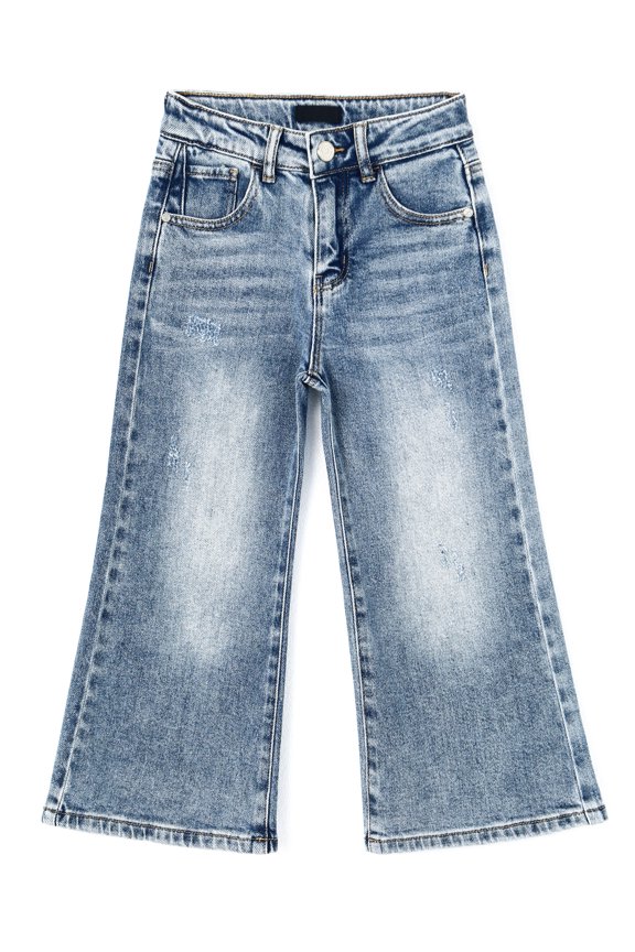 Girls Wide Leg Jeans, Simple Design Micro Distressed Denim Pants ,Light Blue,4-5 Years