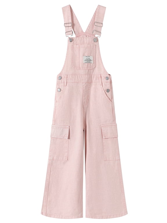 Girls Wide-leg Denim Overalls, Pink/Blue Jeans Cargo Dungaree Pants,Pink,13-14 Years