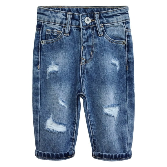 KIDSCOOL SPACE Infant Jeans,Baby Toddler Elastic Band Inside with D-ring Ripped Holes Cotton Denim Pants,Light Blue,12-18 Months