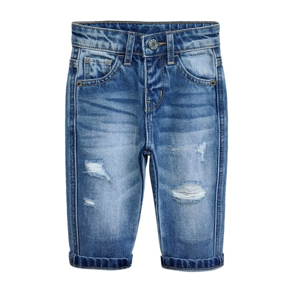 KIDSCOOL SPACE Infant Jeans,Baby Toddler Elastic Band Inside with D-ring Ripped Vintage Creasing Denim Pants,Mid Blue9-12 Months