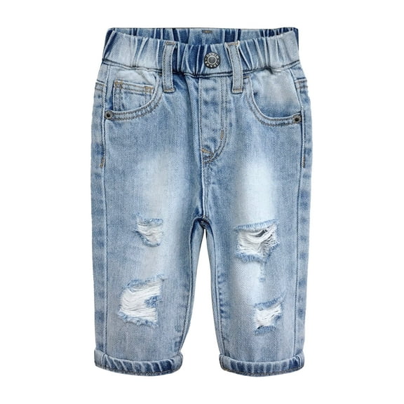 KIDSCOOL SPACE Infant Jeans,Baby Toddler Elastic Waist with D-ring 4 Ripped Holes Denim Pants,Light Blue,18-24 Months
