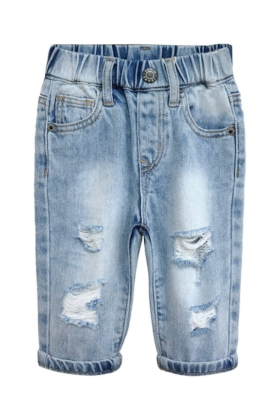 Infant Jeans,Baby Toddler Elastic Waist with D-ring 4 Ripped Holes Denim Pants,Light Blue,6-9 Months