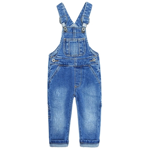KIDSCOOL SPACE Kid Boy Girl Small Bib Pocket Ripped Adjustable Straps Jean Overalls,Denim Cute Jumper,Blue,6-7 Years