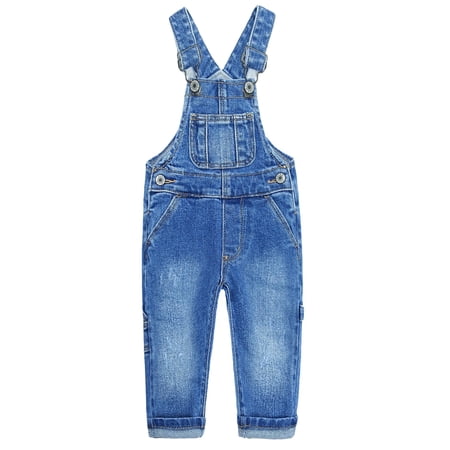 KIDSCOOL Big Denim Overalls Unisex Tween Carpenter Jeans Washed Jumpsuits,Blue,7-8 Years