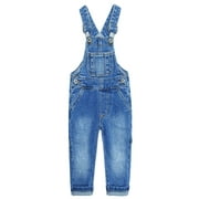 KIDSCOOL SPACE Kid Boy Girl Small Bib Pocket Ripped Adjustable Straps Jean Overalls,Denim Cute Jumper,Blue,7-8 Years