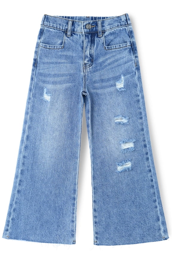 Kid Girl,Fashionable Elastic Band Inside Ripped Slim Fit Wide-Leg Jeans Pants,4-5 Years