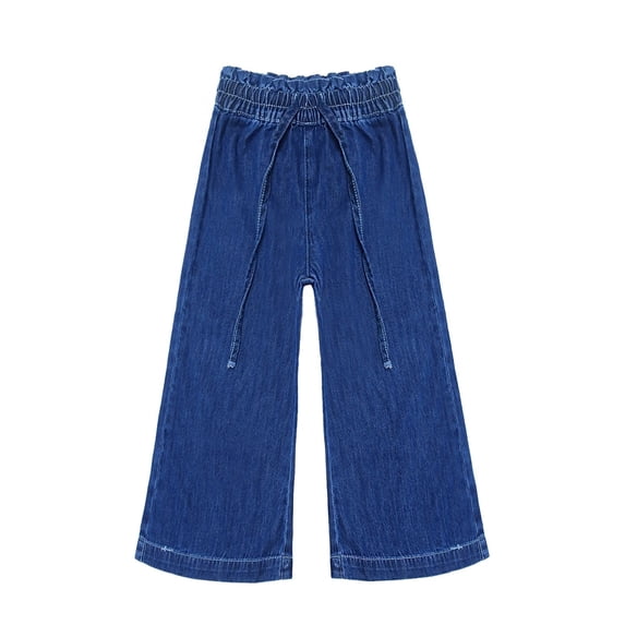KIDSCOOL SPACE Kid Girl,Ruffled Elastic Waist Wide-Leg Denim Jeans Pants,Deep Blue,11-12 Years