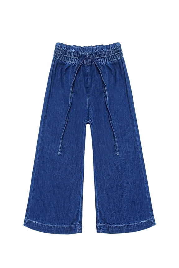 Kid Girl,Ruffled Elastic Waist Wide-Leg Denim Jeans Pants,Deep Blue,8-9 Years