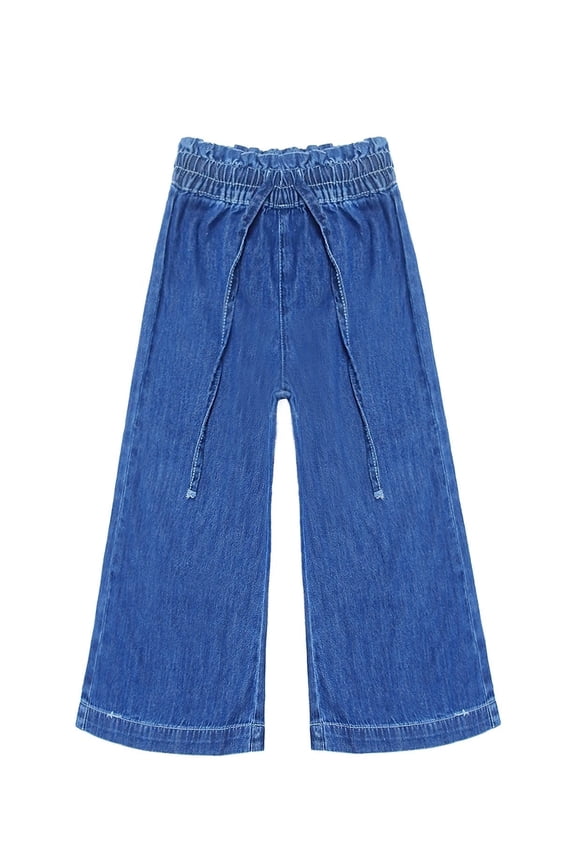 Kid Girl,Ruffled Elastic Waist Wide-Leg Denim Jeans Pants,Light Blue,11-12 Years