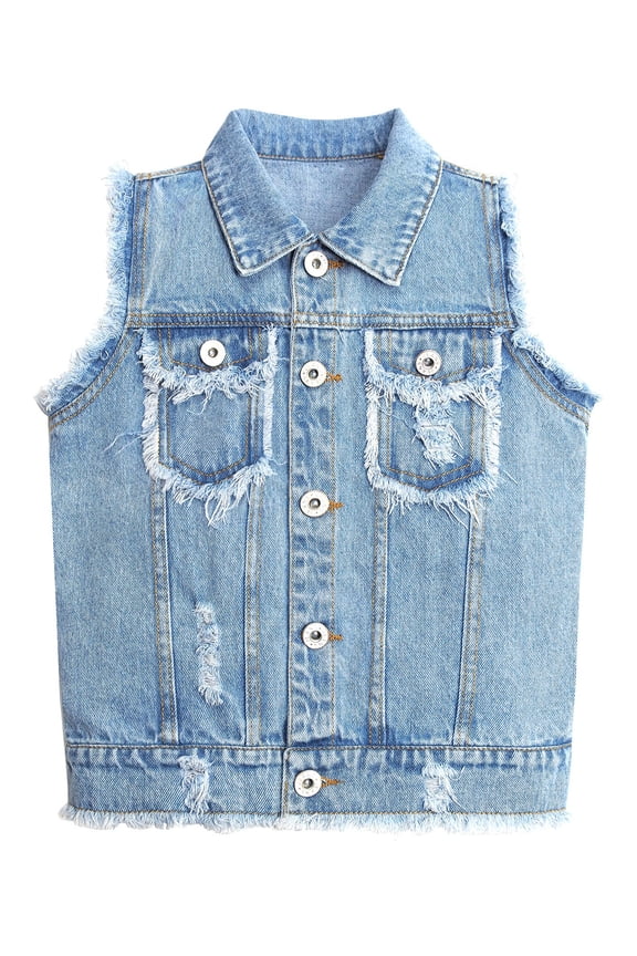 Kid Jean Vest,Junior Ripped Raw Edge Denim Vest Tops,Light Blue,11-12 Years