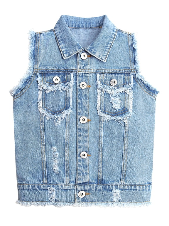 Kid Jean Vest,Junior Ripped Raw Edge Denim Vest Tops,Light Blue,12-13 Years