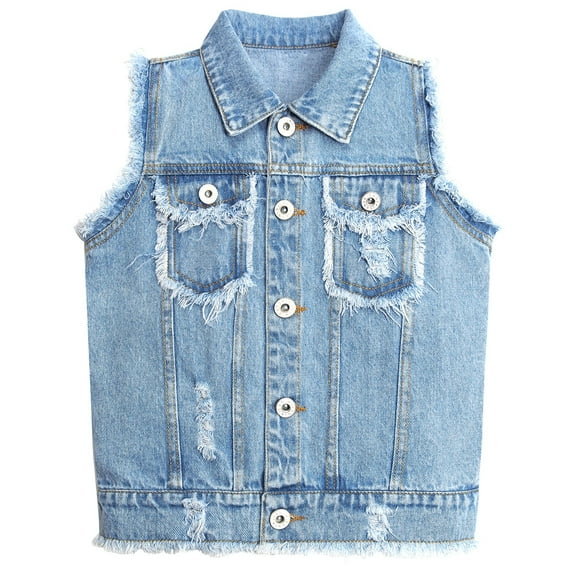 KIDSCOOL SPACE Kid Jean Vest,Junior Ripped Raw Edge Denim Vest Tops,Light Blue,4-5 Years