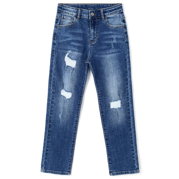 KIDSCOOL SPACE Kids Bird Shaped Ripped Holes Elastic Band Inside Slim-Fit Jeans,Blue,13-14 Years
