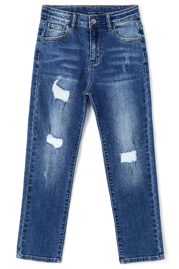 Kids Bird Shaped Ripped Holes Elastic Band Inside Slim-Fit Jeans,Blue,7-8 Years