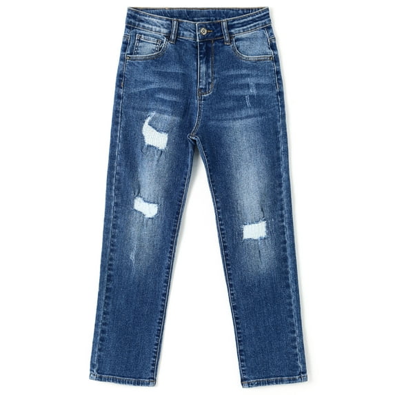 KIDSCOOL SPACE Kids Bird Shaped Ripped Holes Elastic Band Inside Slim-Fit Jeans,Blue,7-8 Years