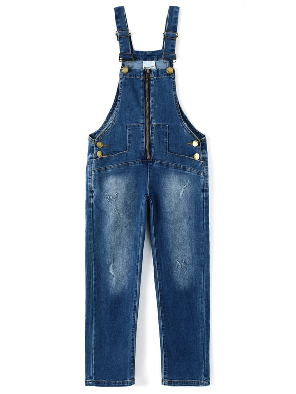 Kids Boys Girls Adjustable Straps Zipper Design Denim Overalls, Blue, 3-4 Years