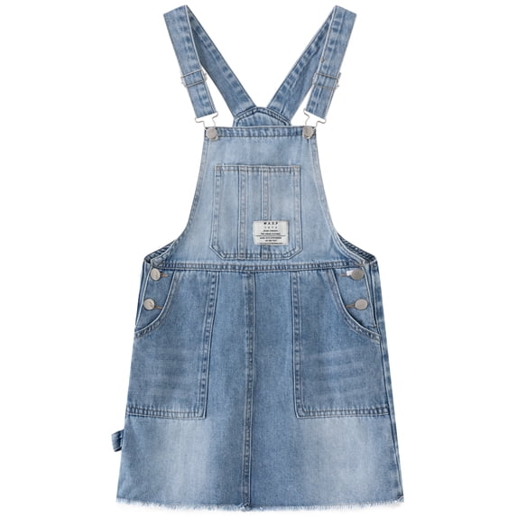 KIDSCOOL SPACE Trendy Washed Girls Denim Overall Dress, Raw Frayed Hem Jean Pinafore Dress with Hammer Loop, Light Blue,12-13 Years