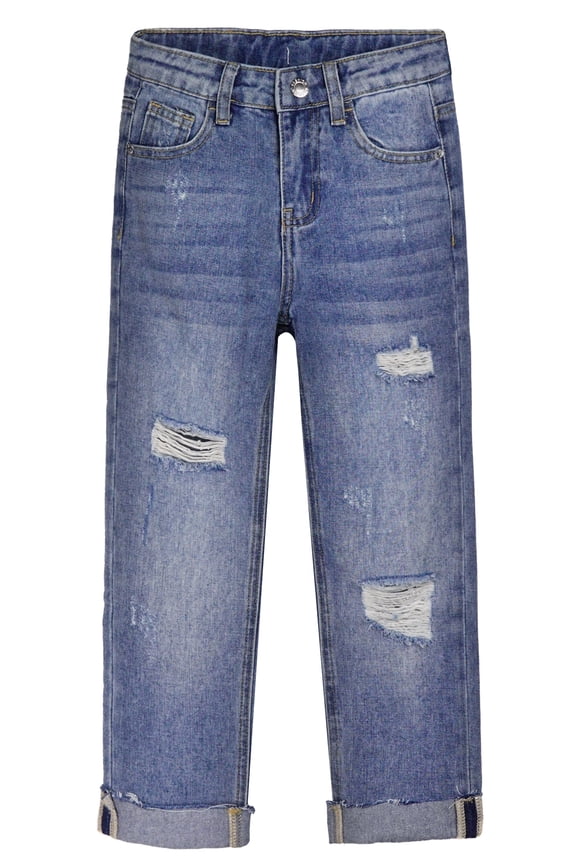 Kids Ripped Elastic Band Inside Rolled Up Raw Edge Leg Slim Jeans,Blue,13-14 Years