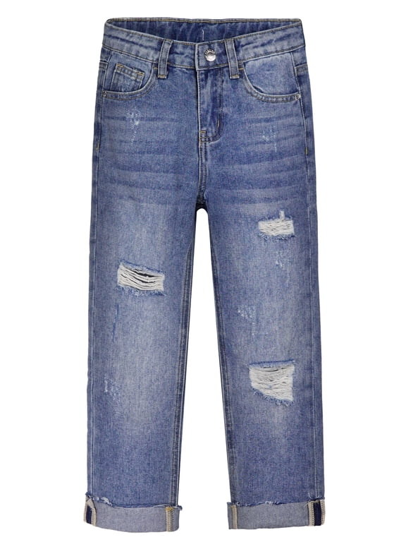 Kids Ripped Elastic Band Inside Rolled Up Raw Edge Leg Slim Jeans,Blue,7-8 Years