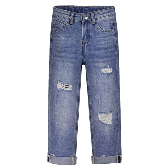 KIDSCOOL SPACE Kids Ripped Elastic Band Inside Rolled Up Raw Edge Leg Slim Jeans,Blue,9-10 Years