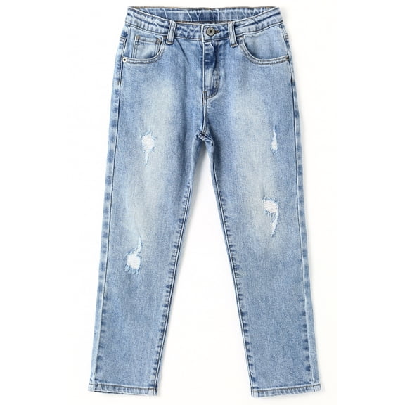 KIDSCOOL SPACE Kids Ripped Holes Fashion Elastic Band Inside Slim Jeans,Blue,13-14 Years