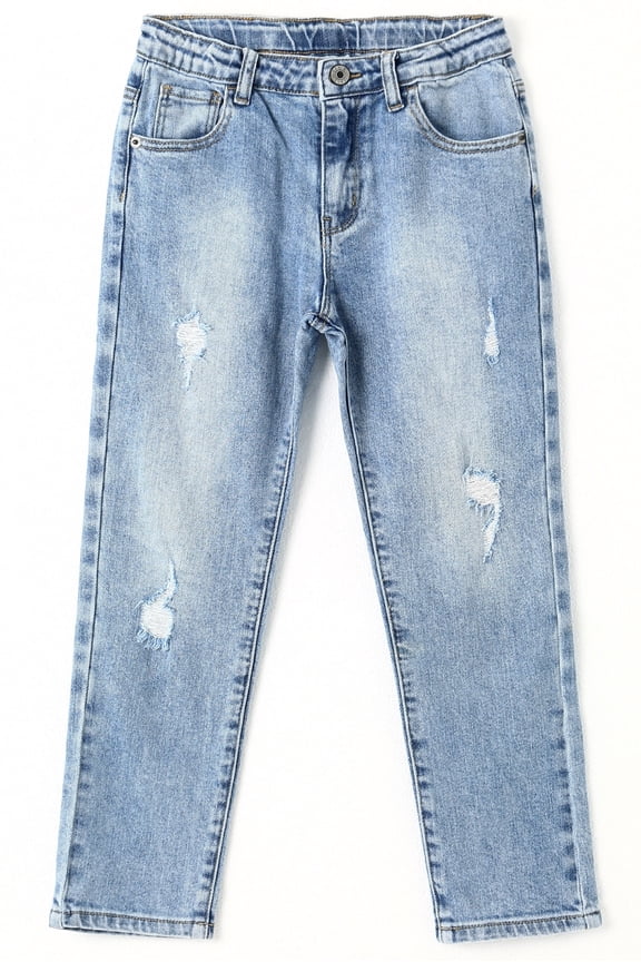 Kids Ripped Holes Fashion Elastic Band Inside Slim Jeans,Blue,13-14 Years