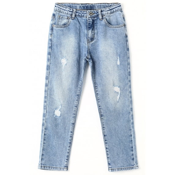 KIDSCOOL SPACE Kids Ripped Holes Fashion Elastic Band Inside Slim Jeans,Blue,7-8 Years