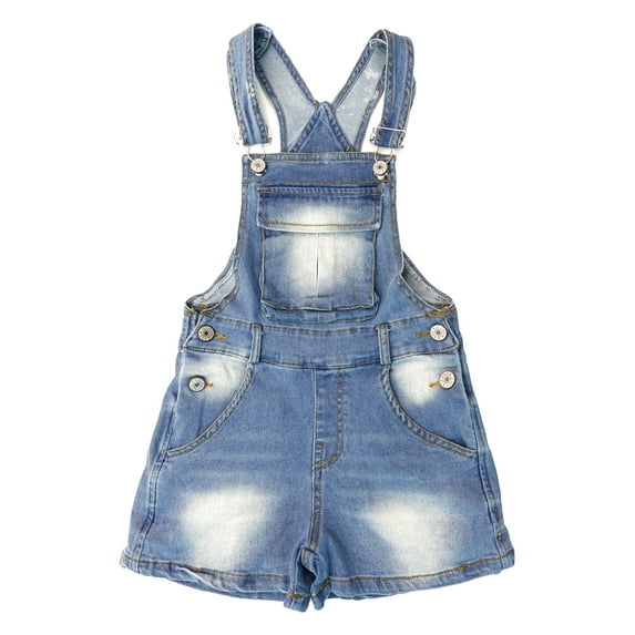 KIDSCOOL SPACE Little Big Girls Denim Shortalls, Stone Washed Soft Jeans Summer Shorts,Light Blue,11-12 Years
