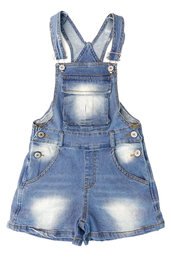 KIDSCOOL Big Girls Denim Shorts Overalls Kids Light Wash Jean Shortalls,Light Blue,5-6 Years
