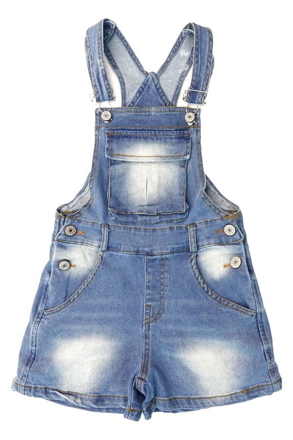 Little Big Girls Denim Shortalls, Stone Washed Soft Jeans Summer Shorts,Light Blue,7-8 Years