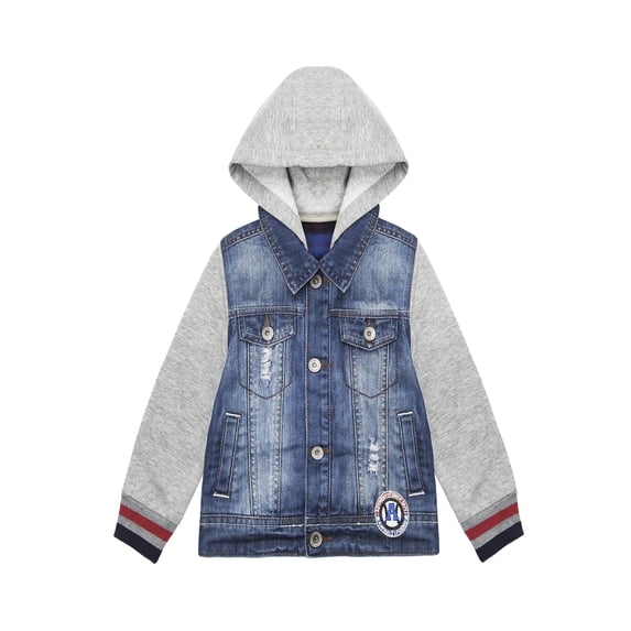 KIDSCOOL SPACE Little Boy Grey Hooded Elastic Sleeves Jean Jacket Coat,4-5 Years