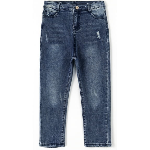 KIDSCOOL SPACE Little Boy Slim Fit Jeans,Kid Ripped Elastic Band Inside Denim Pants,Deep Blue,6-7 Years