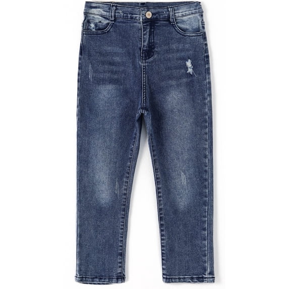 KIDSCOOL SPACE Little Boy Slim Fit Jeans,Kid Ripped Elastic Band Inside Denim Pants,Deep Blue,6-7 Years