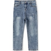 KIDSCOOL SPACE Little Boy Slim Fit Jeans,Kid Ripped Elastic Band Inside Denim Pants,Light Blue,4-5 Years