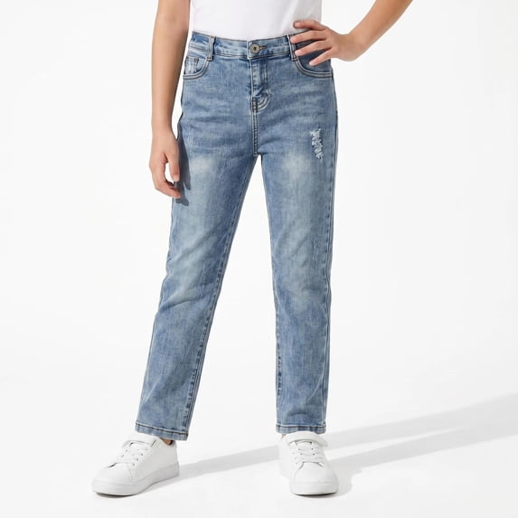KIDSCOOL SPACE Little Boy Slim Fit Jeans,Kid Ripped Elastic Band Inside Denim Pants,Light Blue,4-5 Years