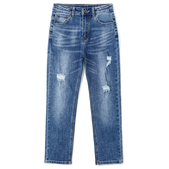KIDSCOOL SPACE Little Boys Jeans,Elastic Band Inside Ripped Slim Fit Denim Pants,Light Blue,6-7 Years